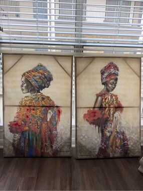 Pair of Colorful African Portrait Canvases - Multicolor Headwrap Art
